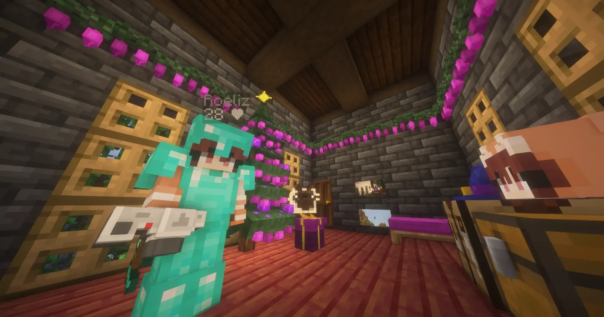 una jugadora en una casa decorada de navidad en minecraft